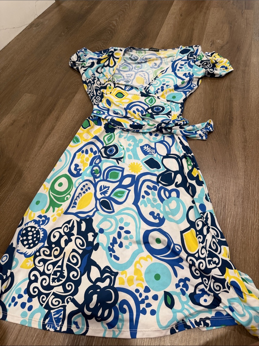 Blue & Yellow Floral Midi Wrap Dress with Tie Waist